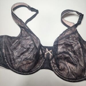Cacique 40DD Unlined Full Coverage‎ Lace Bra Black Beige Bow Adjustable